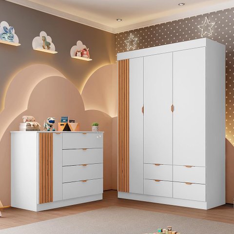 Quarto de Bebê com Roupeiro e Cômoda Sapateira Ayla Branco Acetinado Phoenix Baby
