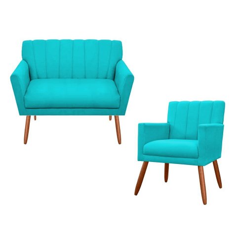 Kit Namoradeira + 1 Poltrona Decorativa Cecília Suede Azul Tifany Pés Madeira Ms Decor
