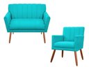 Ver imagem 1 de Kit Namoradeira + 1 Poltrona Decorativa Cecília Suede Azul Tifany Pés Madeira Ms Decor