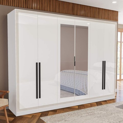 Guarda Roupa Casal com 6 Portas 4 Gavetas e Espelho 240852 Linha Valência Politorno Móveis