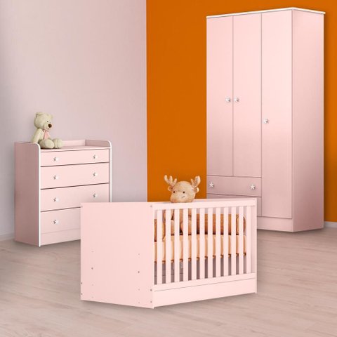 Conjunto Berço Mini Cama, Cômoda Trocador e Guarda Roupa Rosa