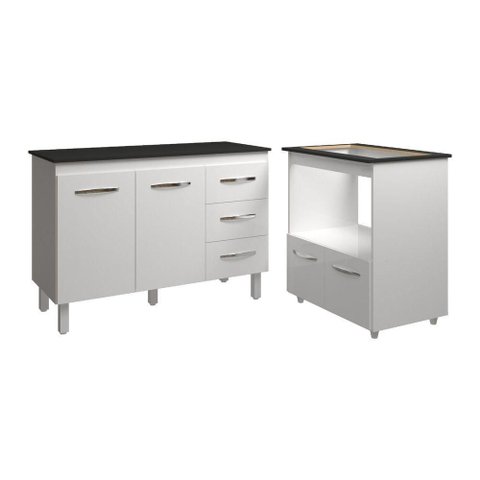 Balcão Armário Gabinete Bruna 118 Cm Branco com Tampo Preto e Balcão Evelyn para Cooktop 5 Bocas