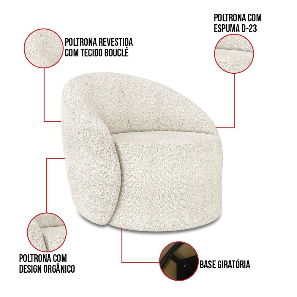 Poltrona Decorativa Orgânica Giratória Lua Bouclê Off White D03 - D'rossi - 3