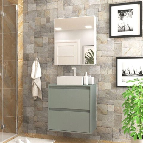 Gabinete para Banheiro com Cuba e Armario 60cm Mdf Verde Dubai - On Móveis