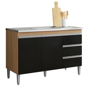 Balcão para Pia Andréia 120 Cm 2 Portas Amendoa Preto Ajl