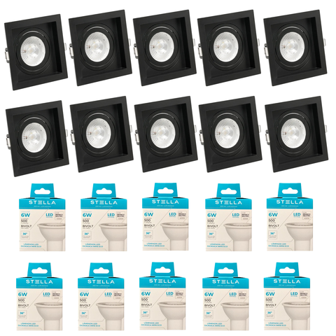 Kit 15x Spot Embutir Recuado Gu10 C/ Lâmpada Eco 6w Stella Cor:preto - Branco Neutro