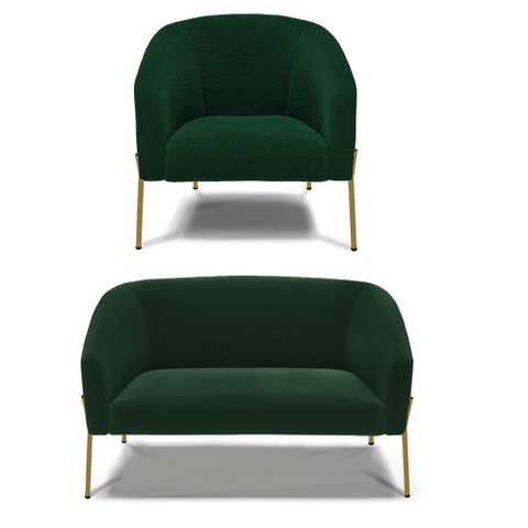 Sofá Namoradeira e Poltrona Pé Ferro Dourado Stella Bouclê Verde D03 - D'Rossi