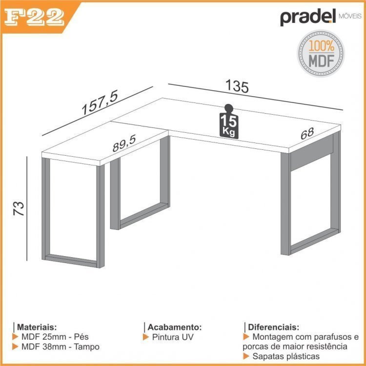 Kit 4 Peças com 1 Escrivaninha em L, 1 Mesa, 1 Gaveteiro e 1 Estante - 14