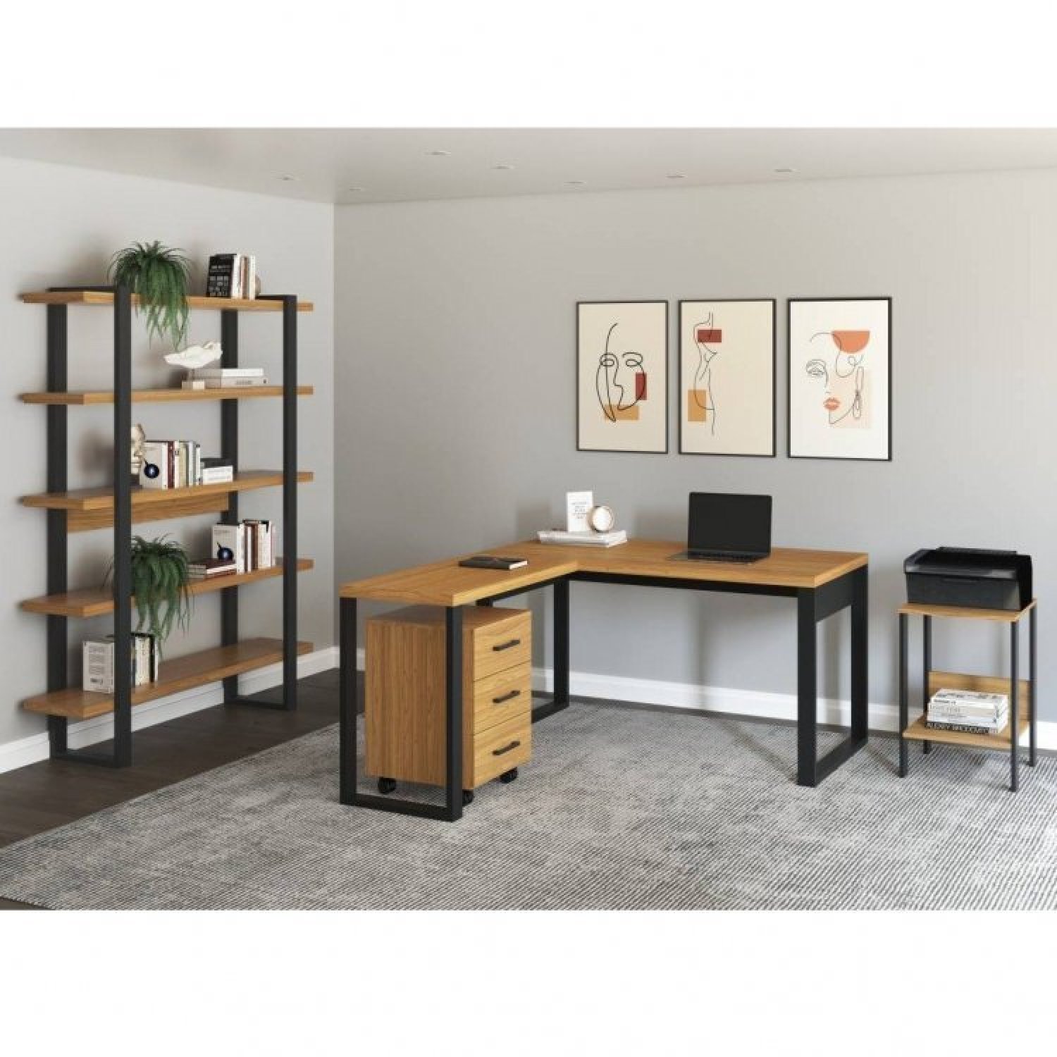 Conjunto Home Office 4 Peças com 1 Escrivaninha em L, 1 Mesa, 1 Gaveteiro e 1 Estante Pradel Móveis