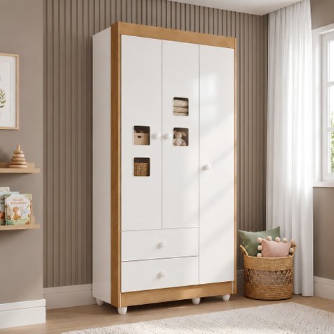 Quarto de Bebê Completo 100% MDF com Guarda Roupa 3 Portas, Cômoda e Berço Mini Cama Life Espresso Móveis Branco/Ypê