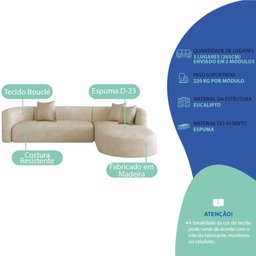 Sofá Modular Celinne Luxuoso Sala de Estar Decoração Luxo 265cm Bouclé Bege - 5