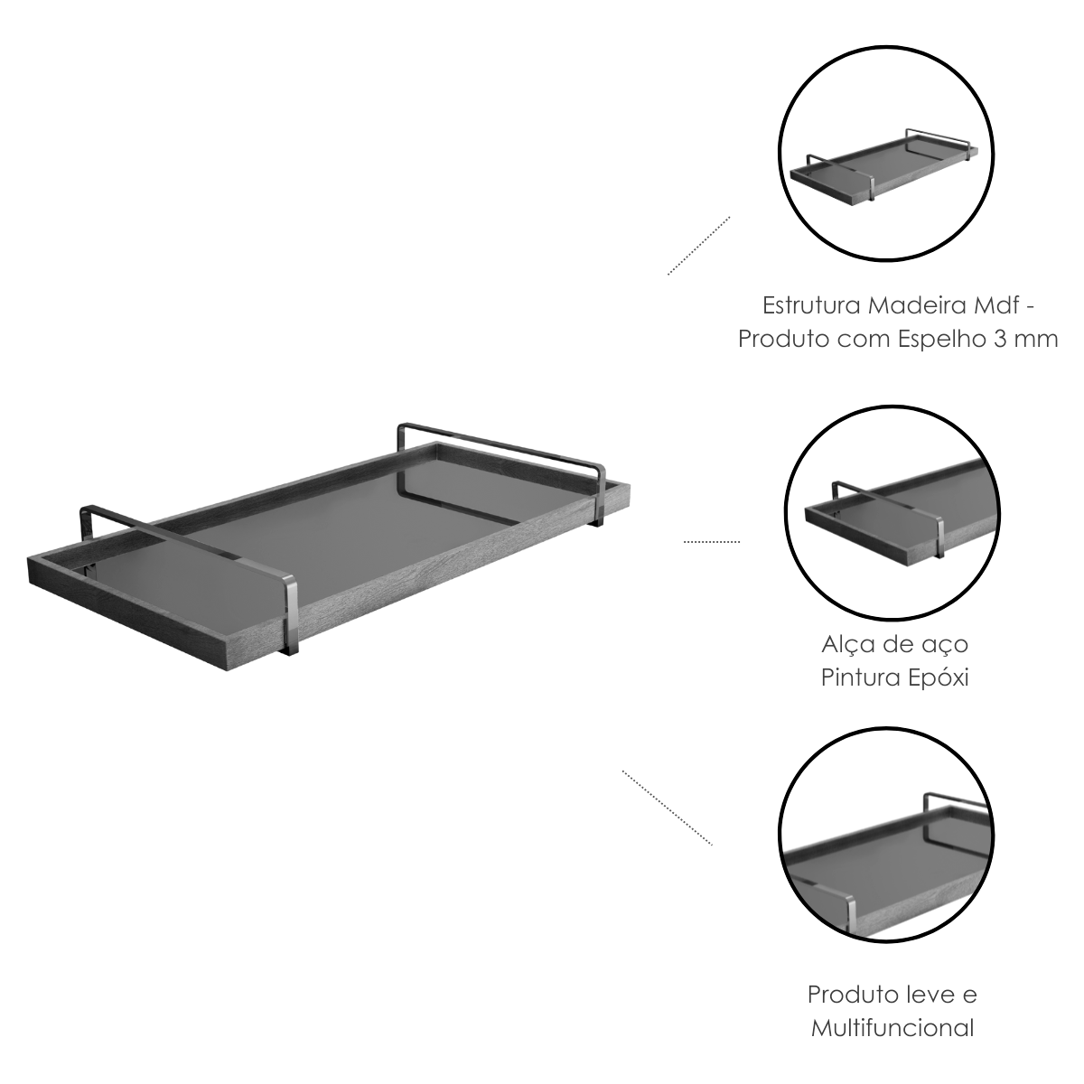 Bandeja Decorativa Espelhada Madeirada para Servir com Alça Prata - 2