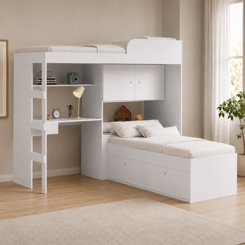 Kit Conjunto Quarto Juvenil Infantil 2 Camas Armário Gavetas Escrivaninha Escada Cama Alta Branco