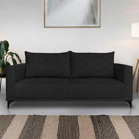 Sofá Living 2 Lugares com Pés de Ferro Almofadas Soltas 200cm Neso Bouclê Preto G63 - Gran Belo