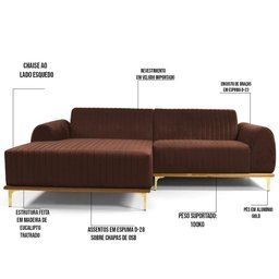 Sofá 255cm 4 Lugares Chaise Esquerdo Pés Gold B-276 Terra - 5