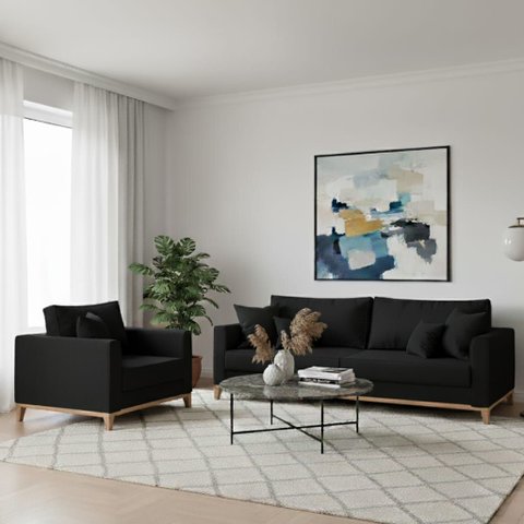 Conjunto de Sofá Beny Preto, 2 Peças, 1 Sofá 1,80m e 1 Poltrona, Tecido Linho