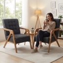 Ver imagem 2 de Poltrona para Sala Decorativa Linho Cinza Escuro Pés de Madeira