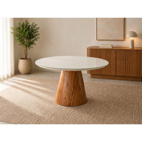 Mesa de Jantar Conne 120cm Base Madeira Maciça e Tampo com Vidro Móveis Mundial
