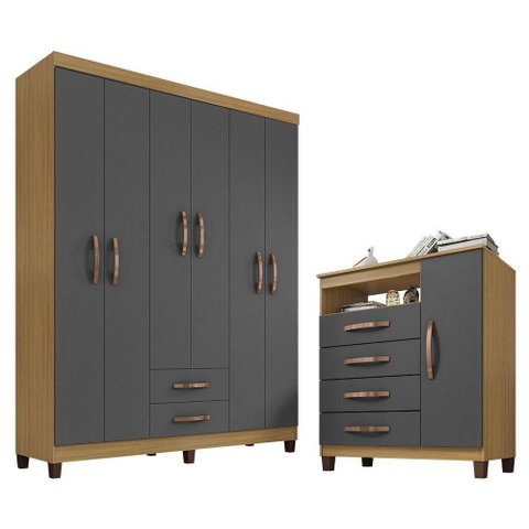 Kit Guarda Roupa Casal 6 Pts 2 Gvtse Cômoda Sapateira 1 Porta 4 Gvtscarvalho Grafite