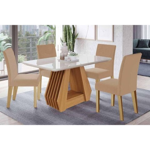 Conjunto: Mesa de Cozinha Ágata Tampo Madeirado C/ Vidro 130x80cm e 4 Cadeiras Maia Cinamomo/off