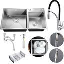 Ver imagem 1 de Kit Cuba Dupla Pia com Acessórios Cozinha Gourmet e Torneira Monocomando Flexível Silicone