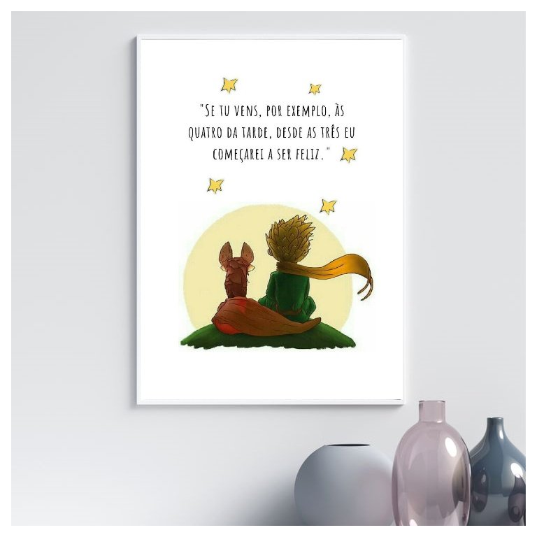Quadro Pequeno Príncipe com Raposa - Frase 24x18cm - com Vidro:moldura Preta Quadro Pequeno Príncipe com Raposa - Frase 24x18cm - com Vidro:moldura Preta