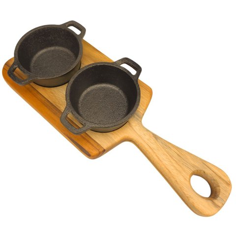 Kit Molho com Panelinha de Ferro Suporte de Madeira Teca
