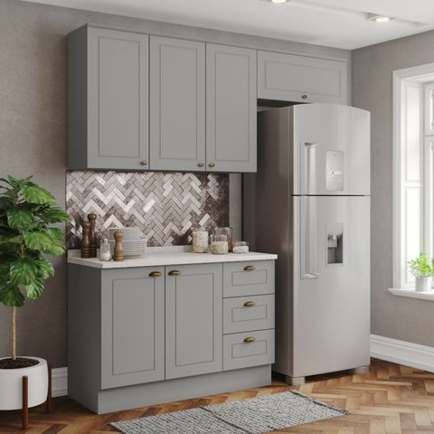 Cozinha Modulada 4p Balcao Tampo 200 Cm Americana Cinza Calcare Henn
