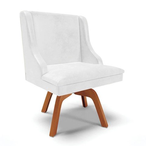 Cadeira Estofada para Sala de Jantar Base Giratória de Madeira Lia Sintético Premium Branco -