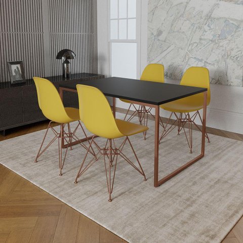 Mesa Industrial Base Ferro Cobre 137x90 Tampo Preto 4 Cadeiras Eiffel Ferro Cobre Assento Amarelo