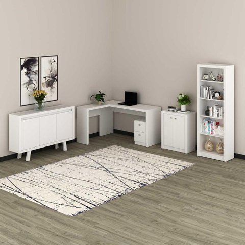 Kit Escritório 4 Peças com Mesa em L Balcão Buffet e Estante Cor:branco