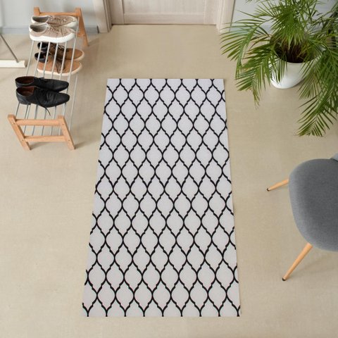 Tapete Passadeira 1,35M X 50CM Arabesco Antiderrapante Branco/Preto