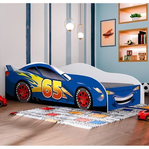 Conjunto Cama Carro Infantil Azul MDF com Colchão Quarto Menino Personagem Corrida Completa
