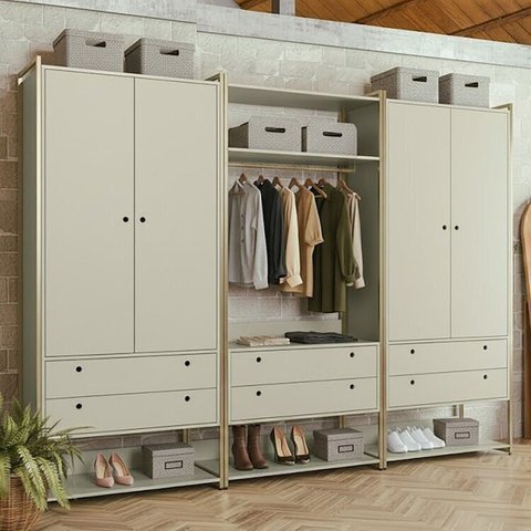 Guarda-Roupa Closet Modulado Casal 6 Gavetas 3 Cabideiros Estrutura Metalica 250cm Olivar Cinza/Off White