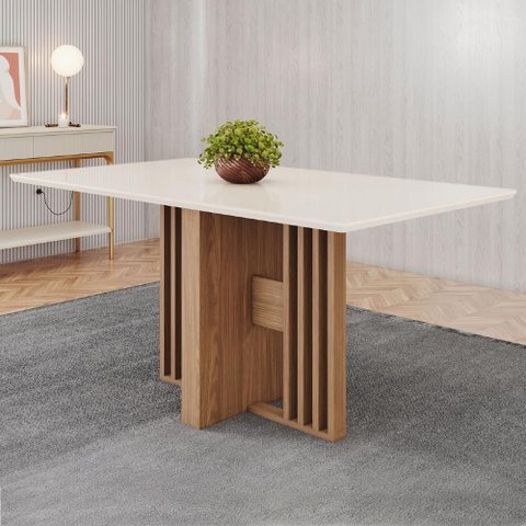 Mesa de Jantar 6 Lugares 160cm Vidro Canto Reto Zinia Nature/off H02 - Mpozenato