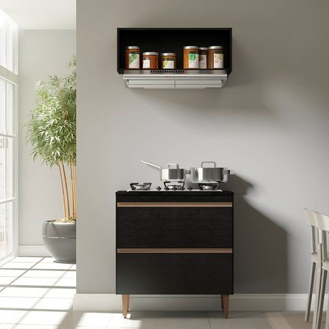 Kit Balcão para Cooktop com Nicho Multiuso 2 Peças MDP Preto Prime