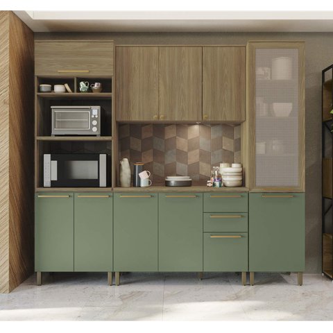 Armário de Cozinha Modulada Completa Reta 8 Peças 2,40m Botanic Kappesberg - Nogueira/verde Oliva