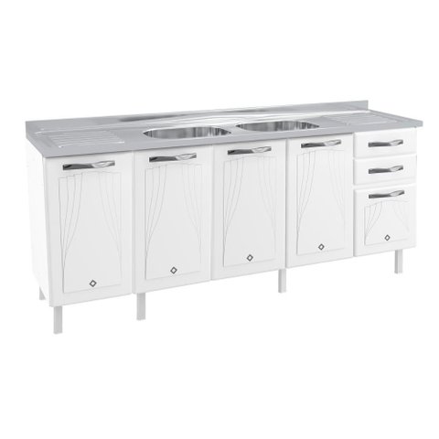 Balcão de Cozinha Gabinete Pia 200cm 5 Portas 2 Gavetas sem Tampo Multimóveis Cr20530 Branco