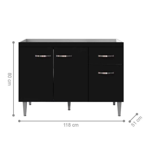 Balcão de Cozinha Gabriela 3 Portas 1 Gaveta 118cm Preto Fosco AJL Móveis
