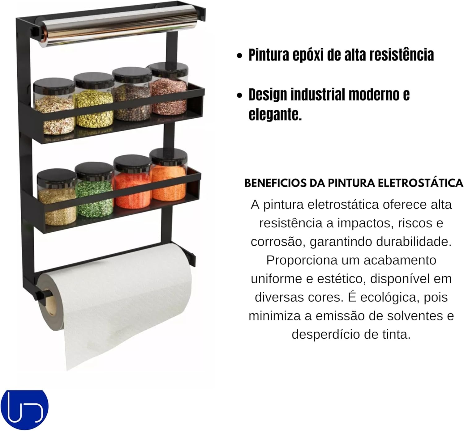 Porta Temperos Prateleira de Utensílios Preto Fosco com Suporte para Papel Toalha e Alumínio - 2