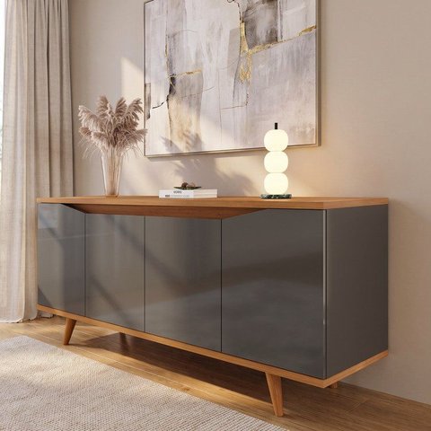 Buffet 160cm 4 Portas Pés em Madeira Maciça Grace Versátile Cinza/Perola/Noce