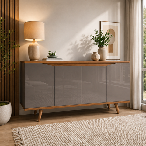 Buffet 160cm 4 Portas Pés em Madeira Maciça Grace Versátile Cinza/Perola/Noce