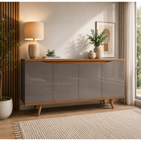 Buffet 160cm 4 Portas Pés em Madeira Maciça Grace Versátile Cinza/Perola/Noce