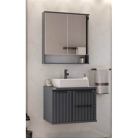 Kit Banheiro Gabinete 60cm com Cuba e Espelheira Cinza Fosco:cinza Chumbo