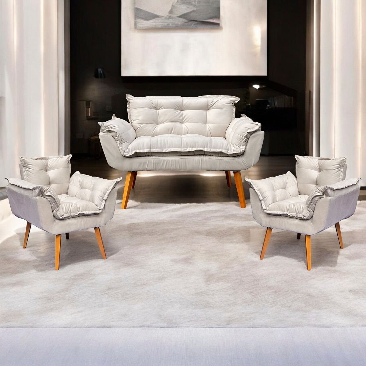 Kit Namoradeira Decorativa + 2 Poltronas para Sala Recepção Manicure Consultório Alice Suede