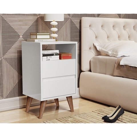 Quarto Estilo Retrô Mesa de Cabeceira Sic com Pés Palito 2 Gavetas - Branco - Comprar Moveis em Casa