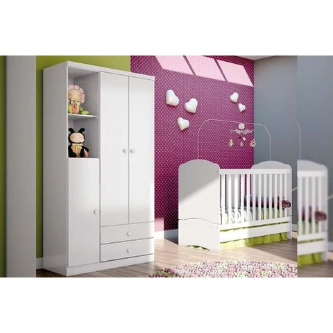 Quarto de Bebê Completo Bala de Menta 2 Peças (1 Guarda Roupa + 1 Berço) Qi94 Branco - Henn