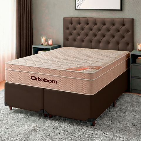 Conjunto Cama Box Marrom Queen + Colchão Molas Ensacadas Airtech Ortobom + Cabeceira
