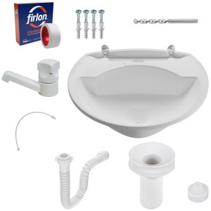 Pia Banheiro 8l + Torneira Branca + Sifão Sanfonado + Engate Flexível + Veda Rosca + Broca