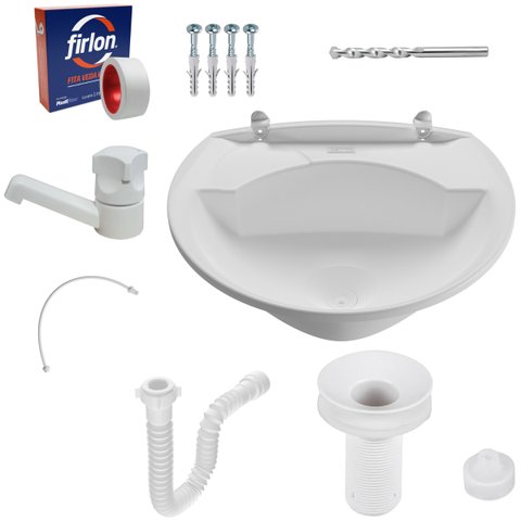 Pia Banheiro 8l + Torneira Branca + Sifão Sanfonado + Engate Flexível + Veda Rosca + Broca